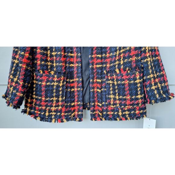 Tweed Bouclé Lady Jacket Fall Winter Blazer Plaid Black Orange-Red Yellow Size S - Picture 7 of 11